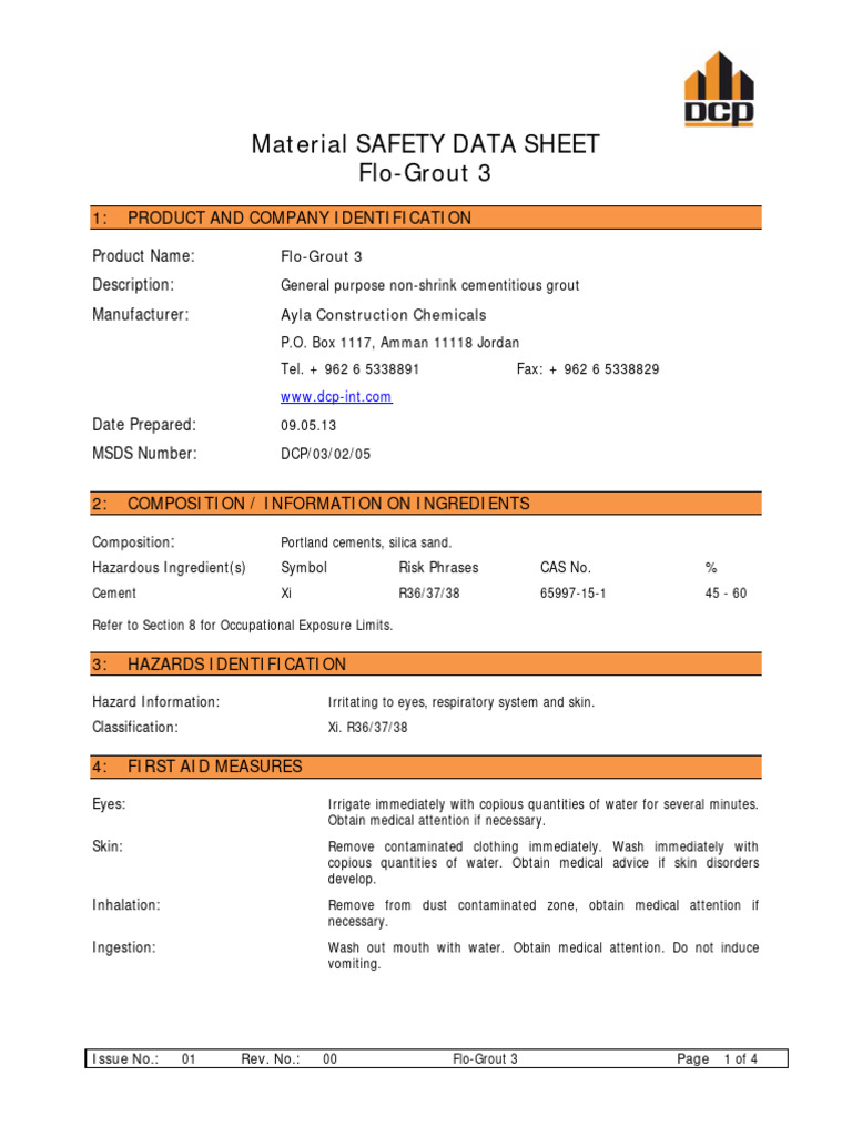 Flo-Grout 3 - MSDS | PDF | Personal Protective Equipment | Hazards