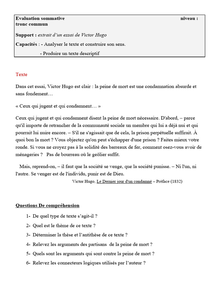 Évaluation sur la peine de mort de Hugo | PDF | Peine capitale