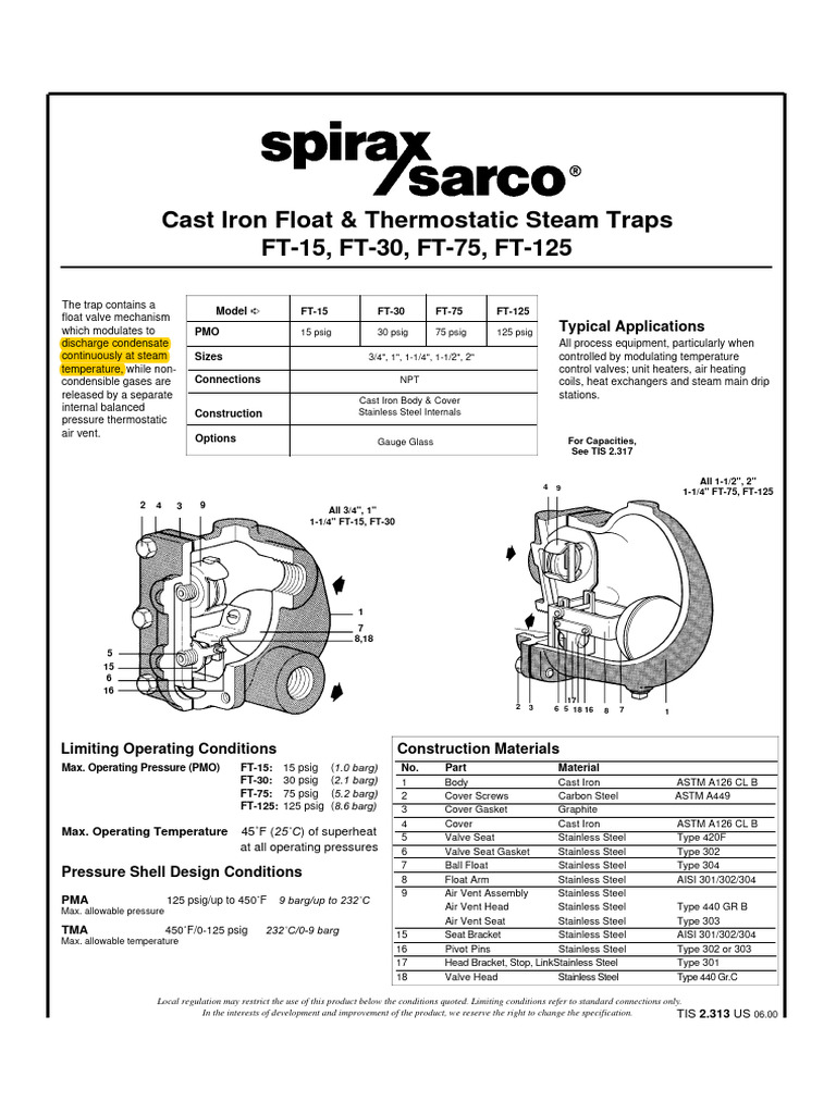 Steam control trampa flotadora spirax sarco ft 125 de 0 75 a 2 in