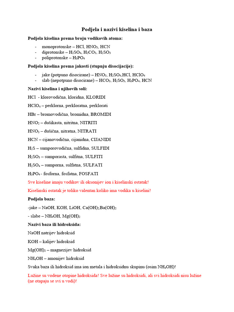 Podjela I Nazivi Kiselina I Baza | PDF