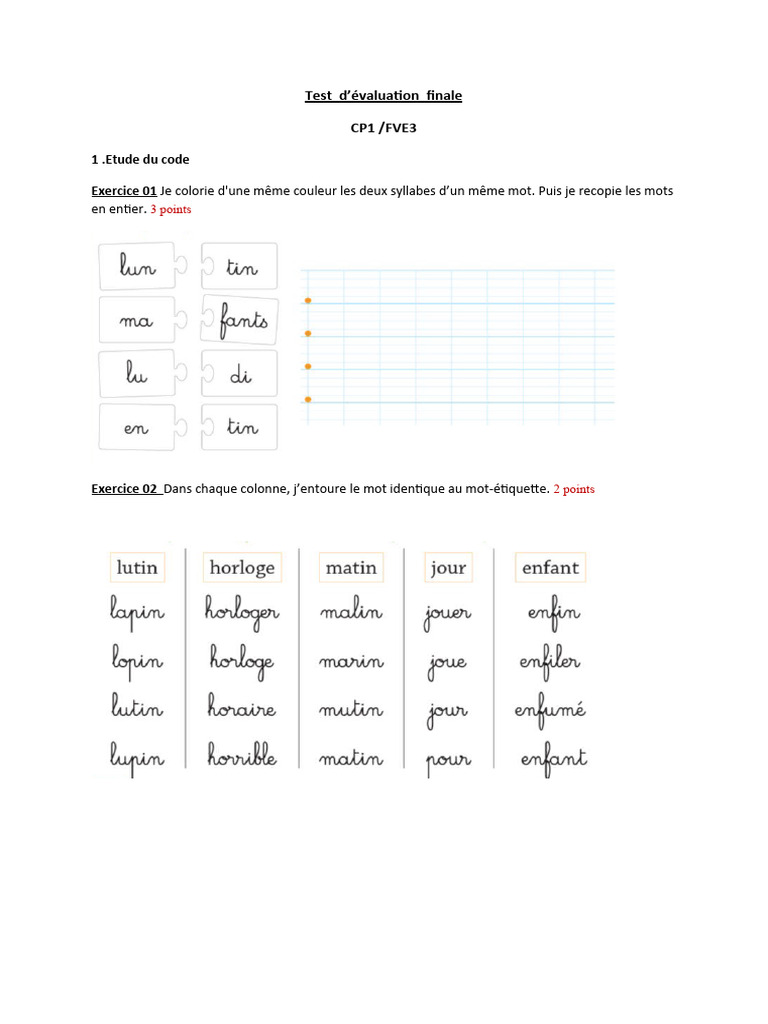 Évaluation finale CP1 : Exercices et tests | PDF | Arts du langage et ...