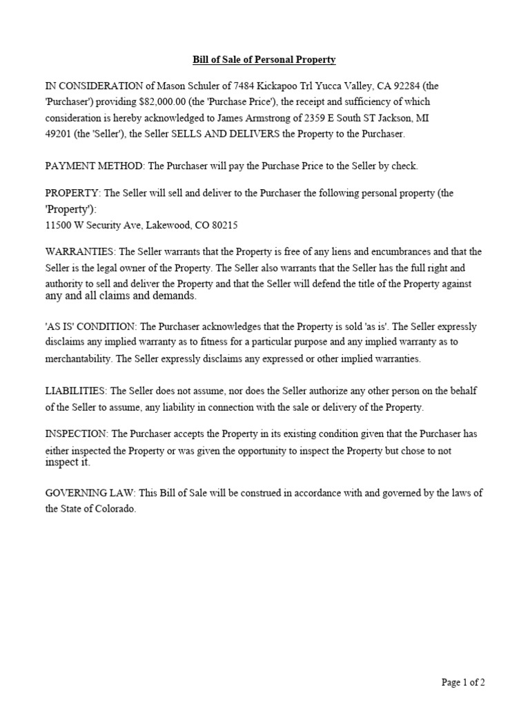 865861_Bill of Sale _Colorado Property 1st (1) PDF Implied Warranty