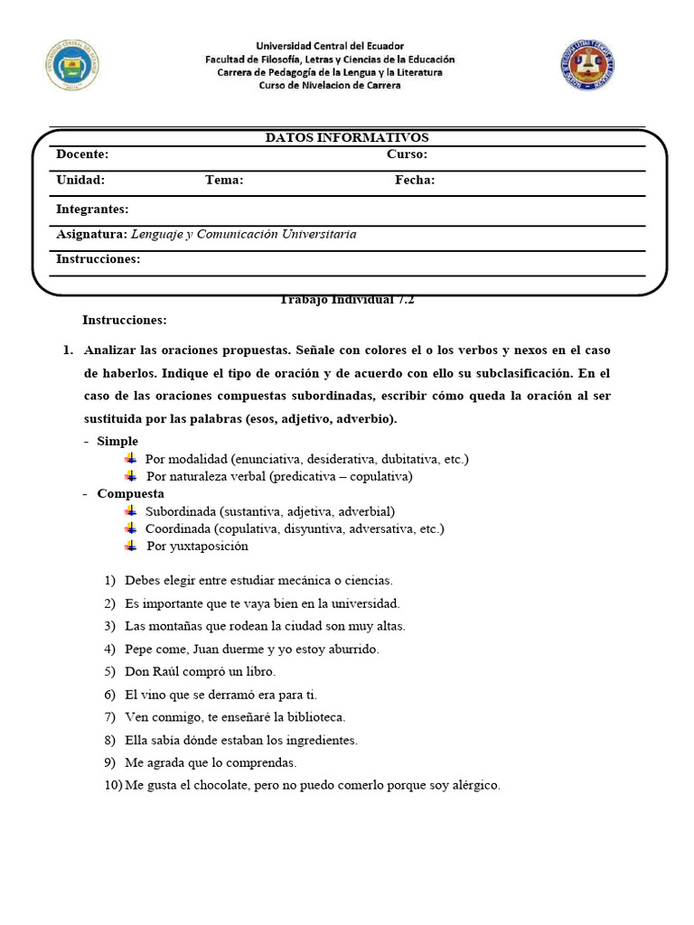 Análisis de Oraciones y Verbos en Lenguaje | PDF | Oración (Lingüística ...