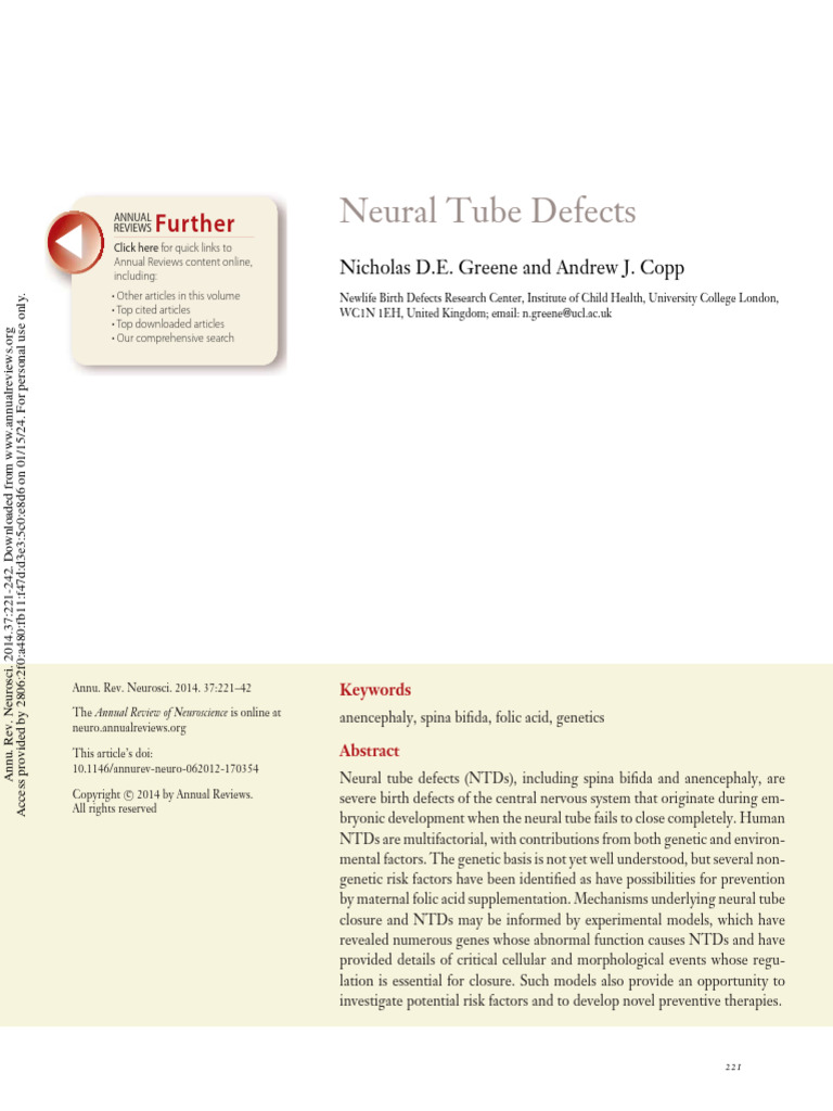Greene Copp 2014 Neural Tube Defects | PDF | Nervous System | Zoology