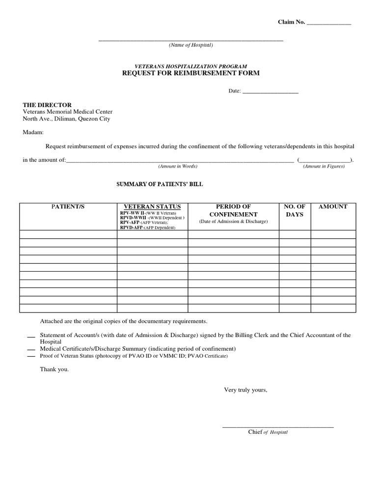 Veterans Hospitalization Program Hospital Reimbursement Form | PDF ...