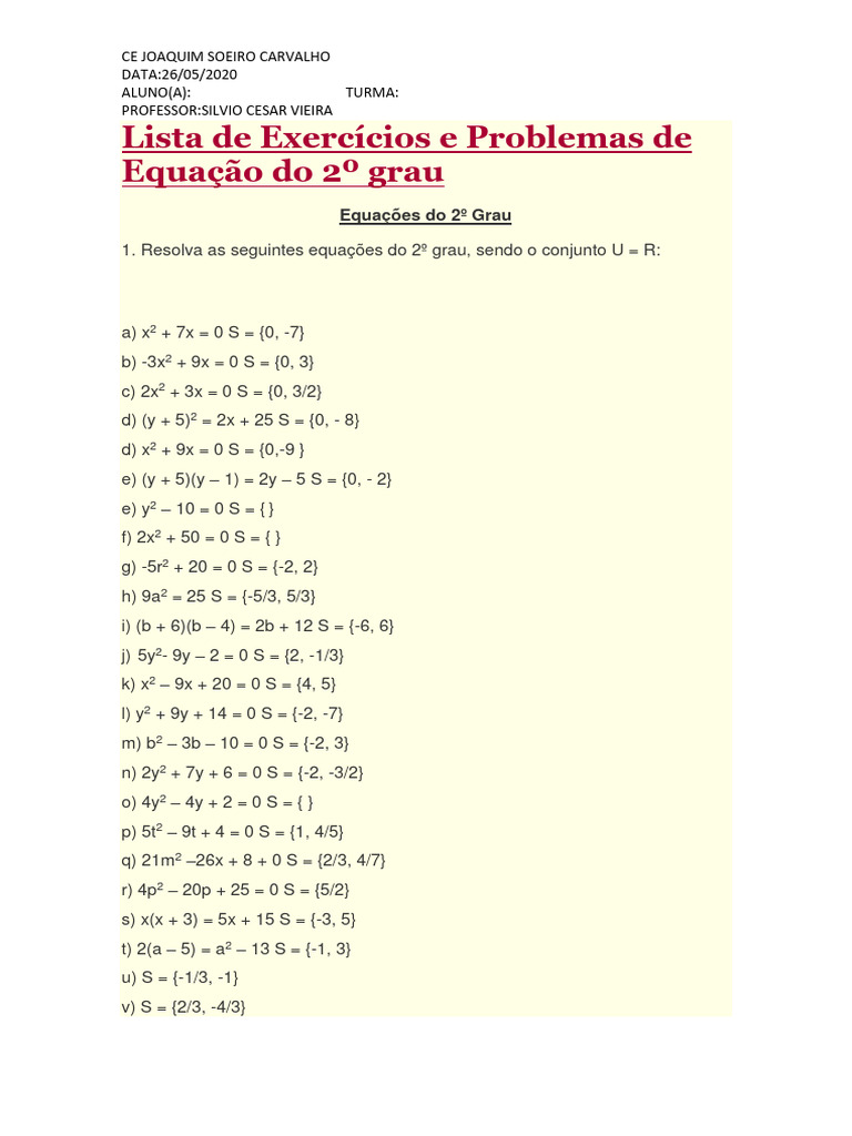 Lista de Exercícios: Equação do 2º Grau | PDF