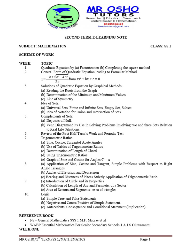 SS1 Mathematics E-Learning Notes | PDF | Trigonometric Functions ...