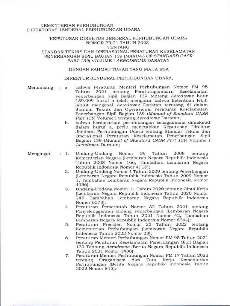 Pr 21 tahun 2023 manual of standard casr 139 volume i aerodrome daratan