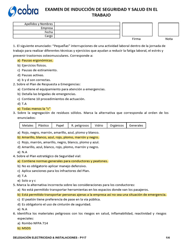 Examen De Inducción C Pdf Riesgo Factores Humanos Y Ergonomía
