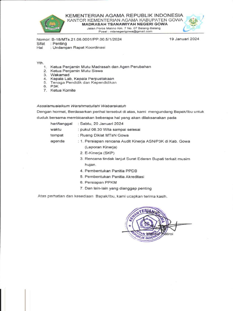 Undangan Rapat 20 Januari 2024 | PDF