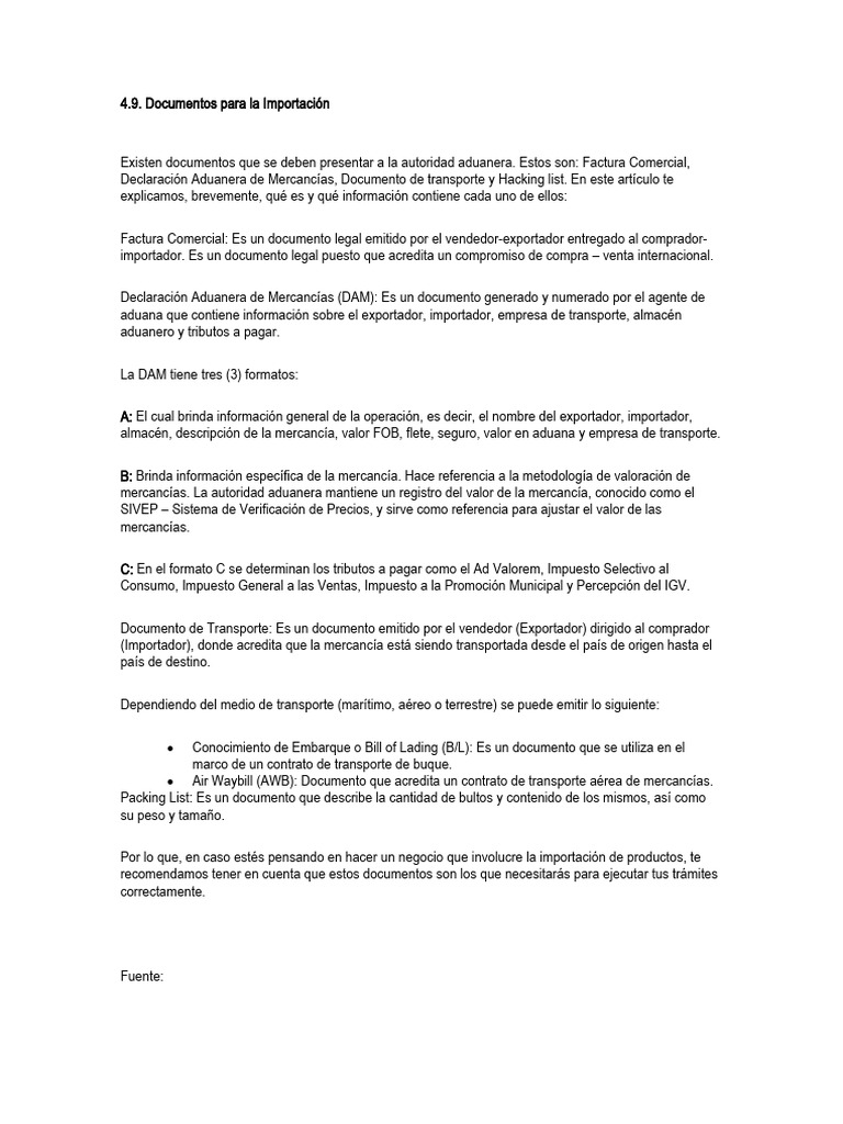 Documentos Para La Importacion Descargar Gratis Pdf Aduana