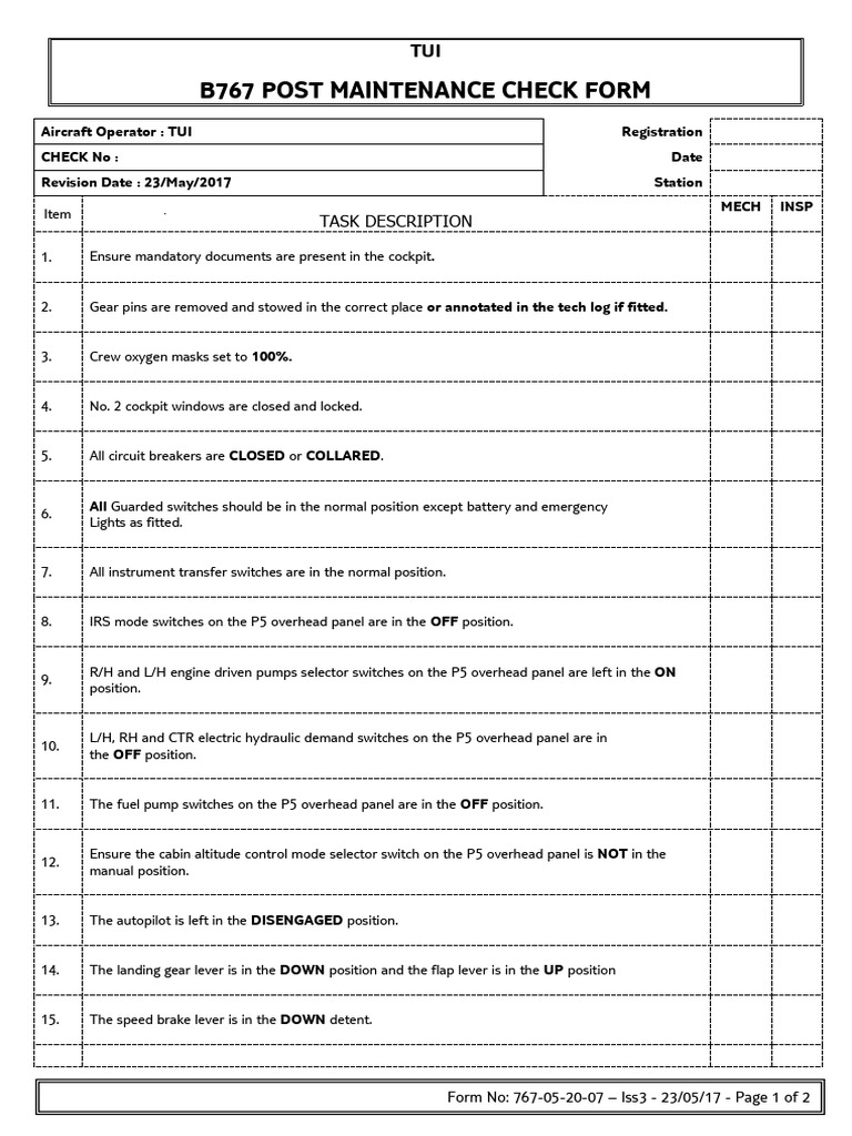 TUI B767 Post Maintenance Check List | PDF | Cockpit | Switch