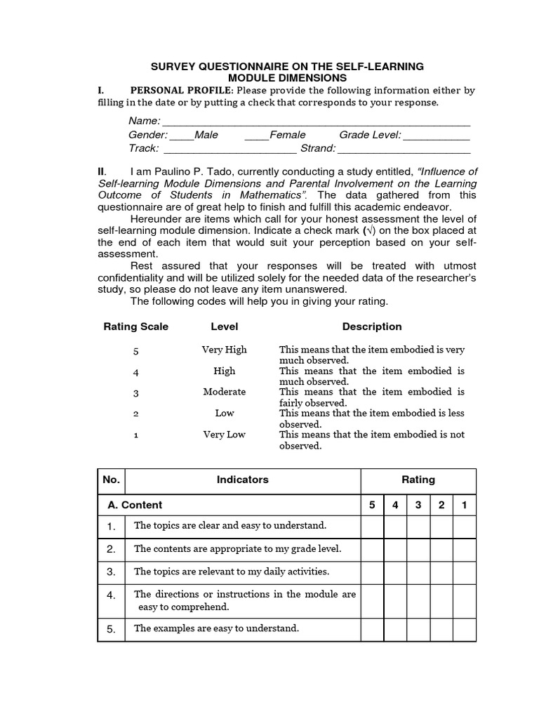 Survey on Self-Learning & Parental Involvement | PDF | Questionnaire ...