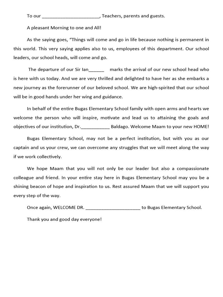 Welcome Speech for New School Head | PDF | Wellness | Lifestyle