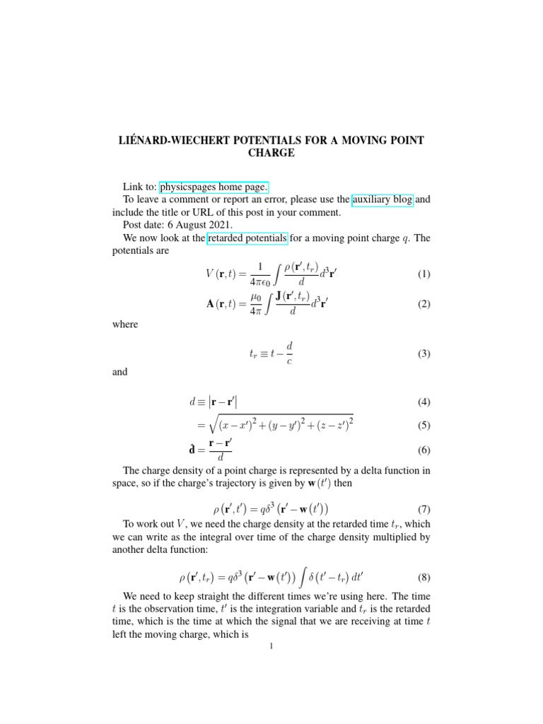 Liénard-Wiechert Potentials For A Moving Point Charge | PDF | Applied ...