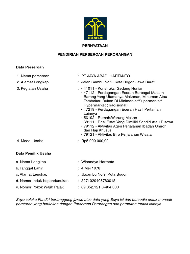 SK PT Perorangan Jaya Abadi | PDF