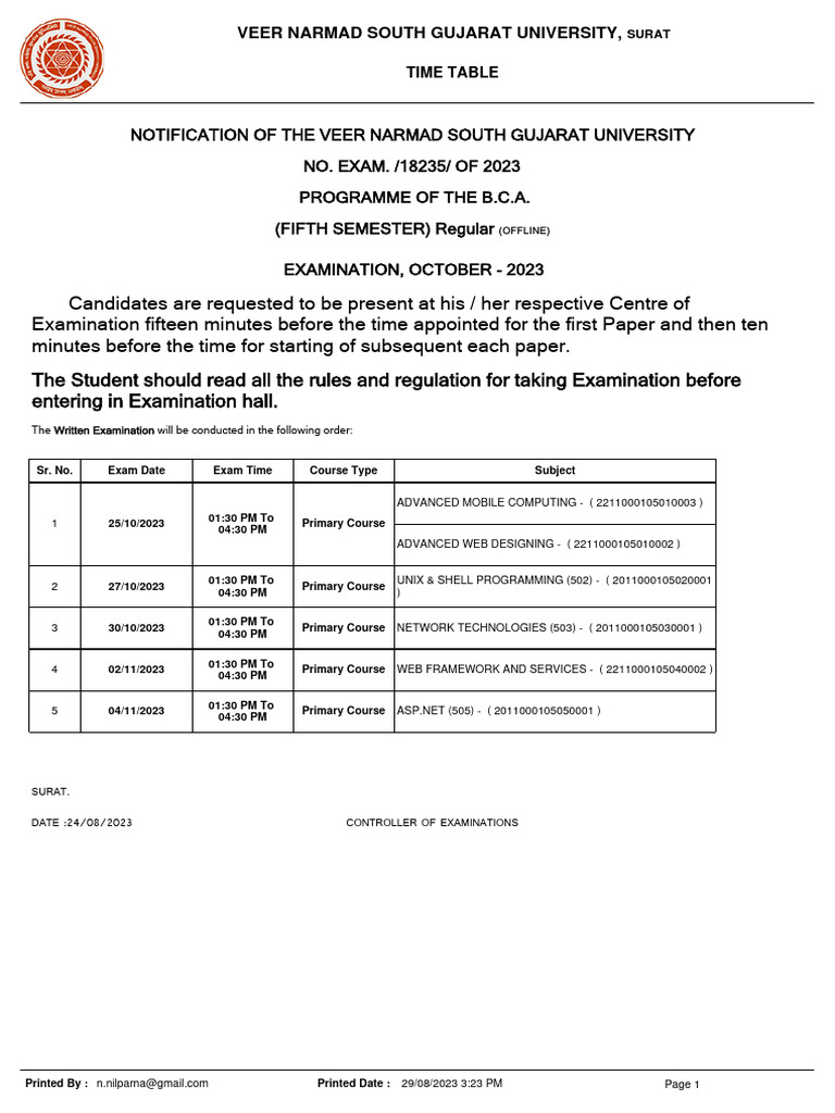 BCA 5th Sem Exam Schedule 2023 | PDF | Science | Information Technology