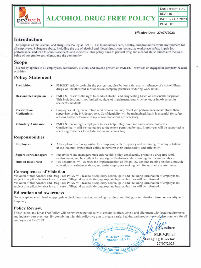 Alcohol Drug Free Policy | PDF