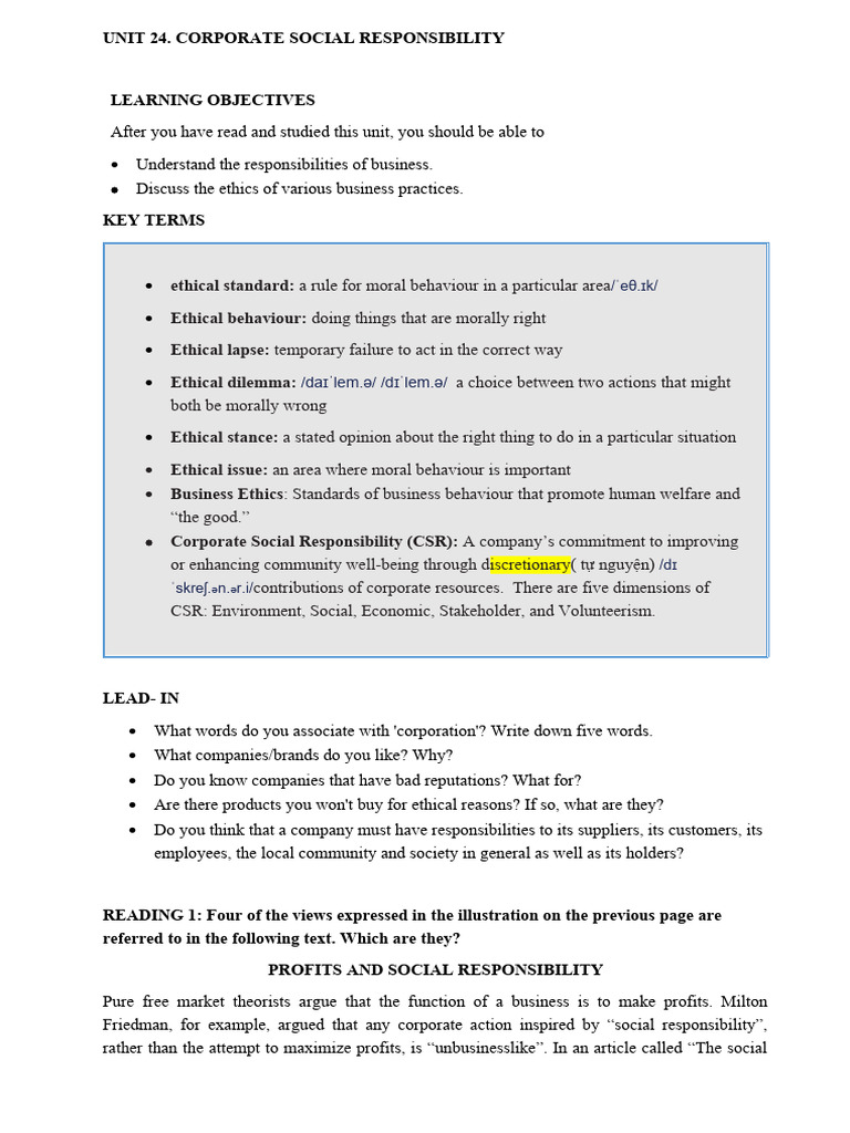 UNIT 24 - Corporate Social Responsibility | PDF | Corporate Social ...