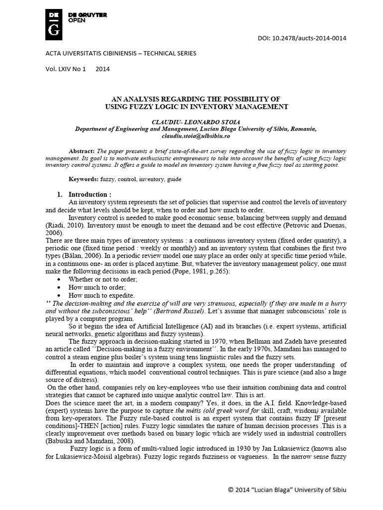 An Analysis Regarding The Possibility of Using Fuzzy Logic in Inventory ...