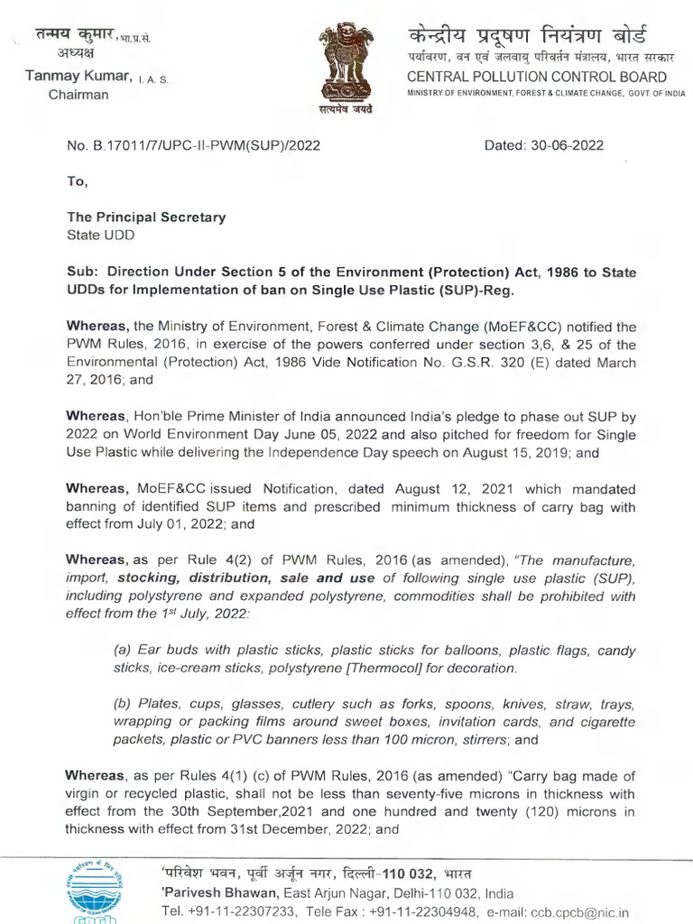 Direction To UDDs of States For Ban of SUP - CPCB | PDF