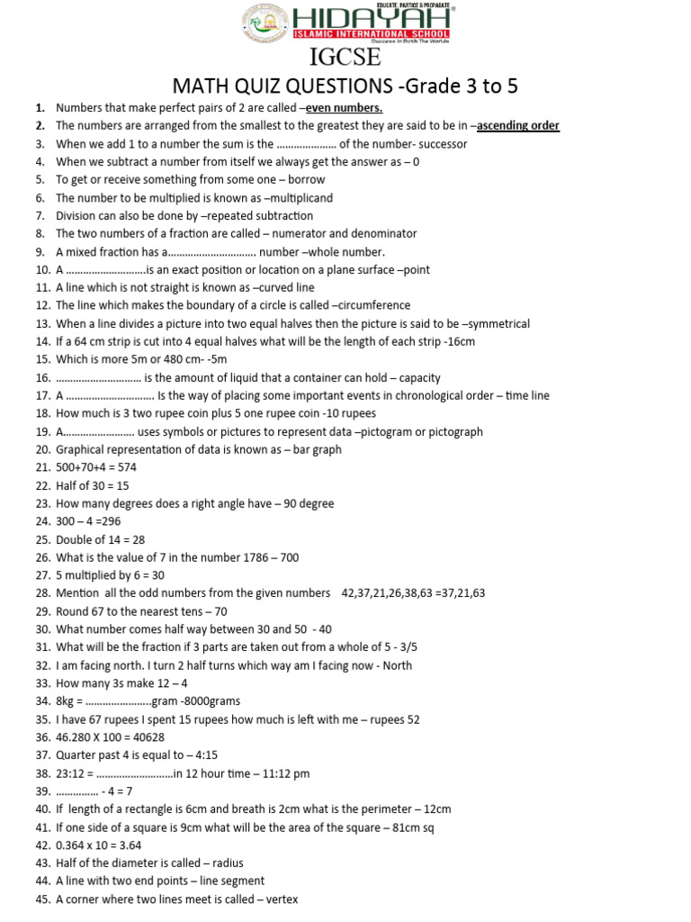 Math Quiz Questions 35 PDF Numbers Mathematical Objects