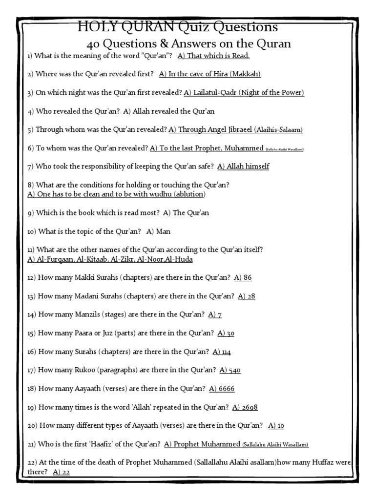 Quran Quiz: 40 Questions & Answers | PDF | Philosophy | Religion ...