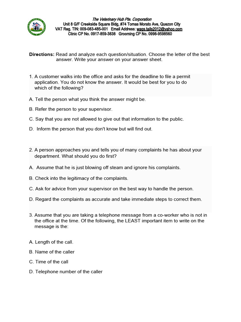 Customer Service Assessment Questions | PDF