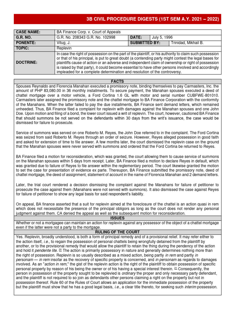BA Finance Corp. v. Court of Appeal PDF Mortgage Law Justice