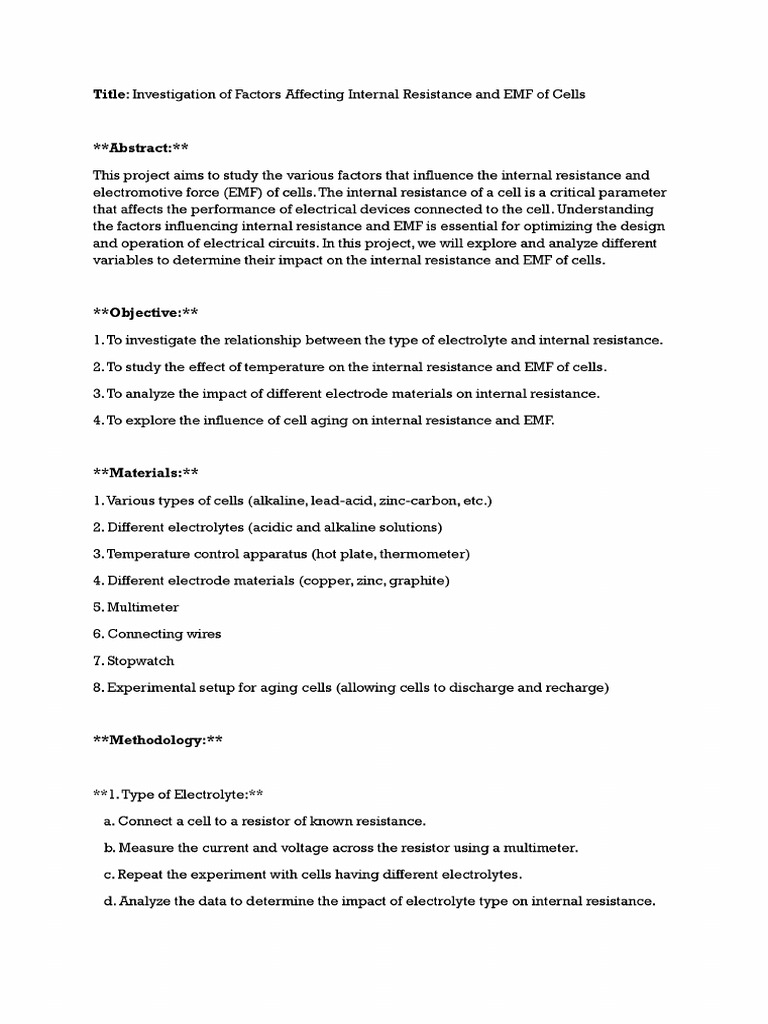 Investigation of factors affecting internal resistance and emf of cells