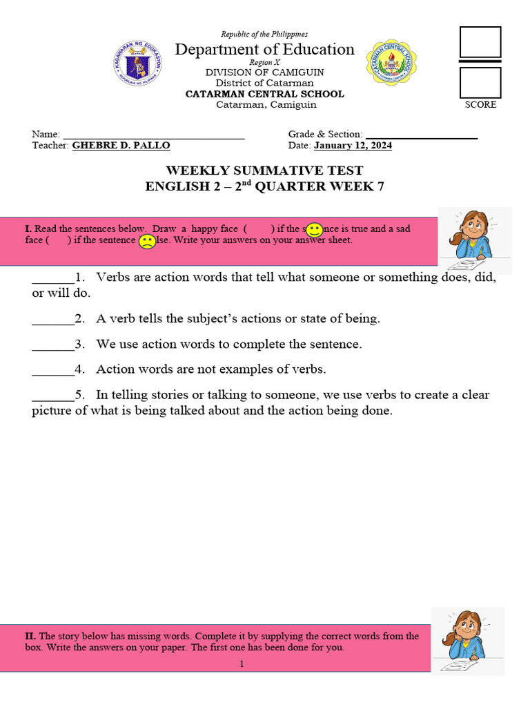 Week 7 English Test for Grade 2 | PDF | Cognitive Science | Linguistics