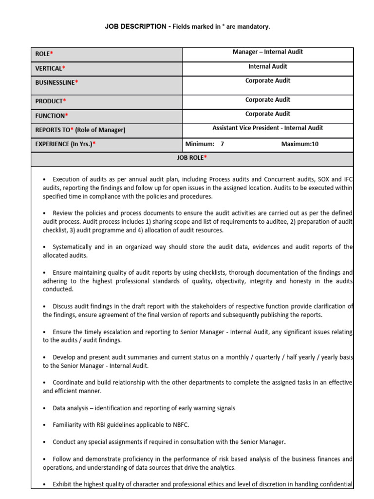 Manager Internal Audit Corporate Pdf Audit Internal Audit