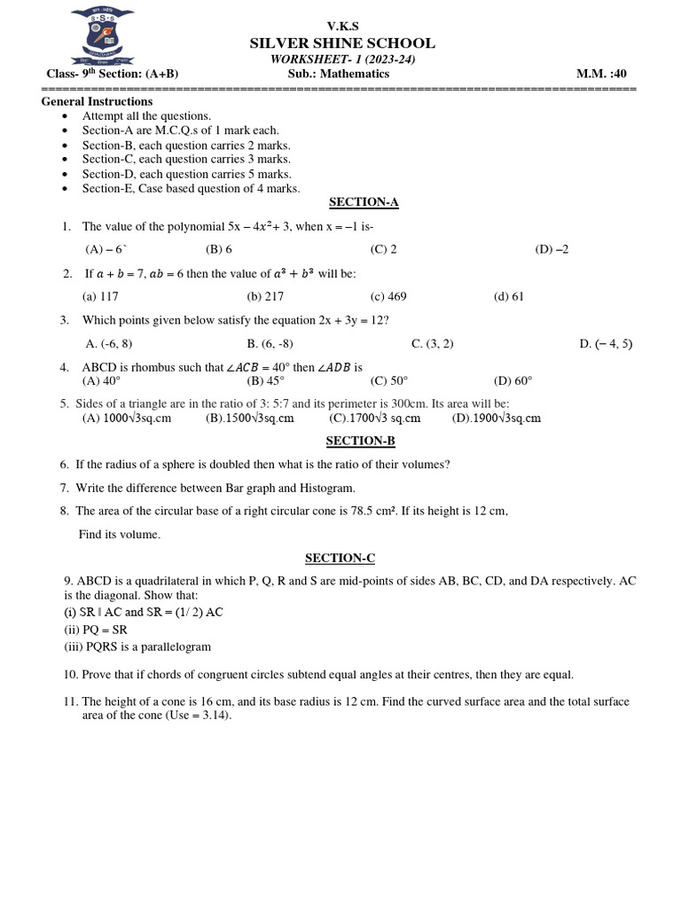 Class 9 Mathematics Worksheet 2023-24 | PDF | Area | Geometry