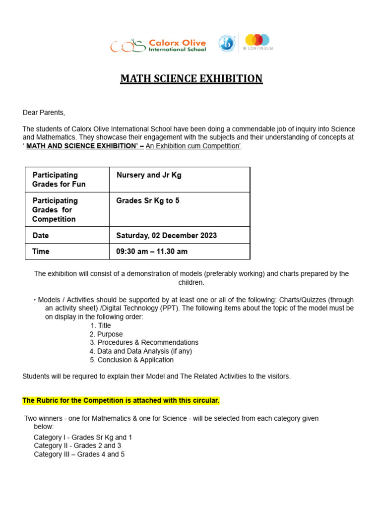 Math Science Exhibition Circular 2023 | PDF