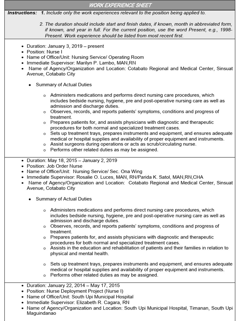 Nursing Work Experience Sheet Sample | PDF | Nursing | Patient