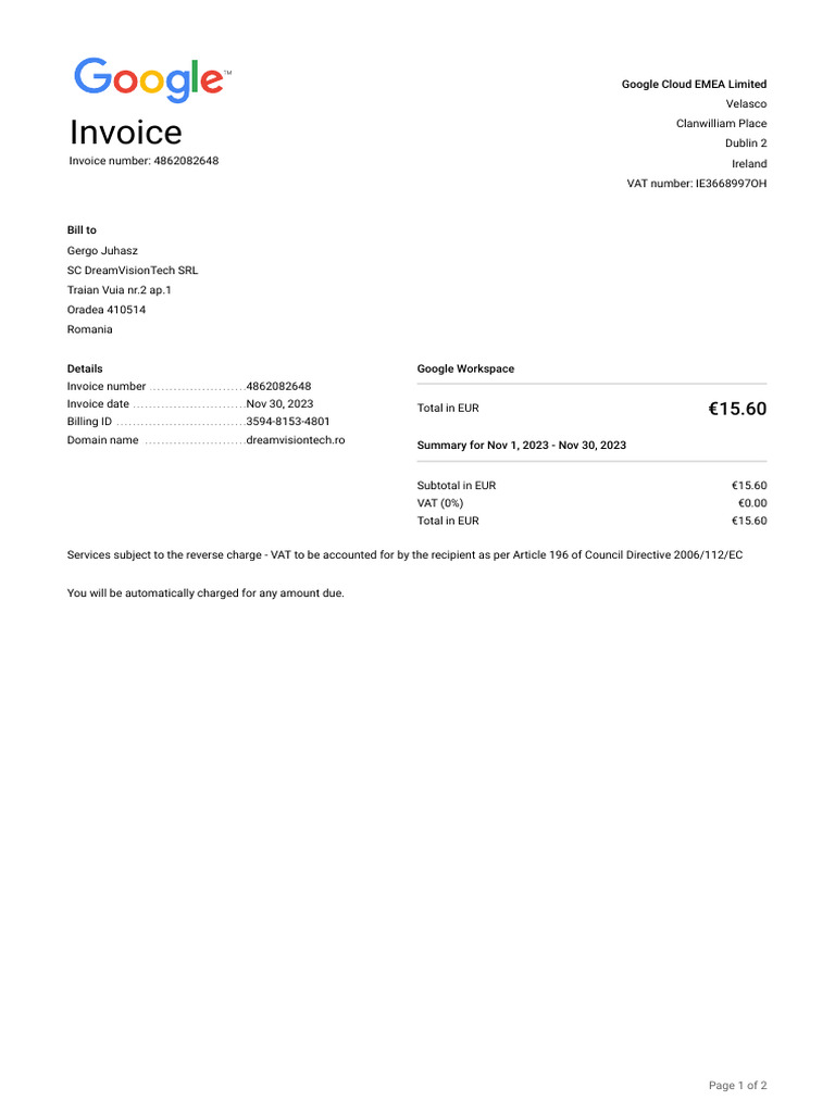 Google Workspace Invoice Summary | PDF | Accounting
