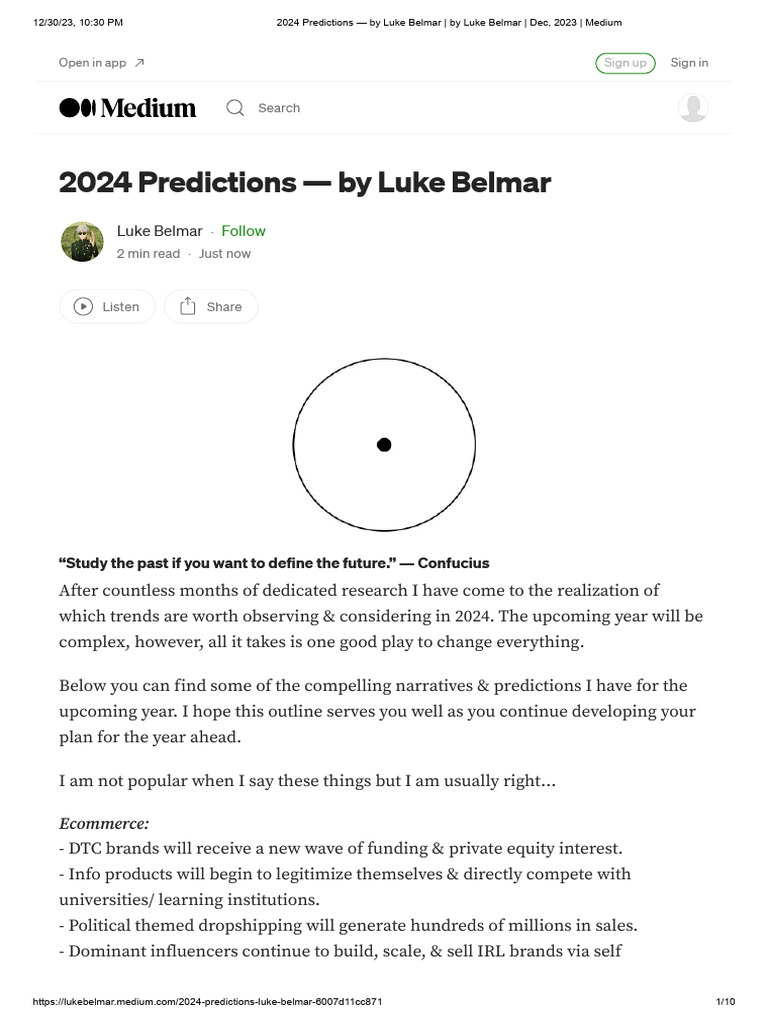 2024 Predictions - by Luke Belmar - by Luke Belmar - Dec, 2023 - Medium |  PDF | Cryptocurrency | Bitcoin