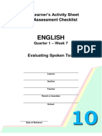 English: Learner's Activity Sheet Assessment Checklist