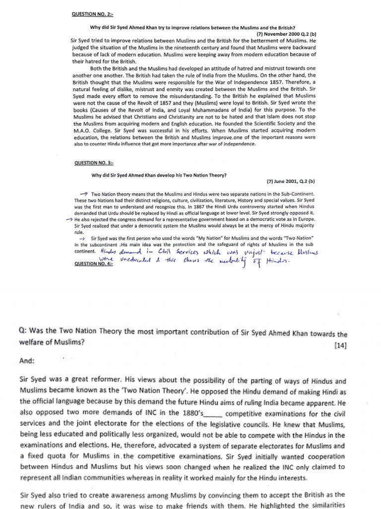 Sir Syed Ahmed Khan 7 & 14 Marks | PDF