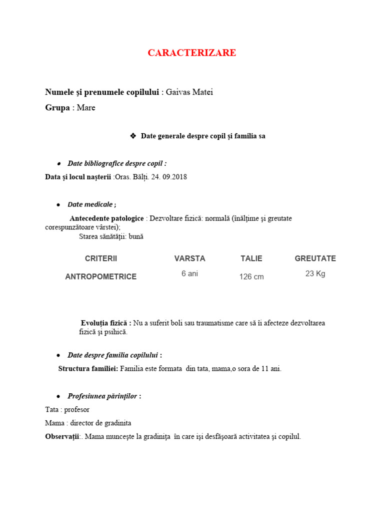 Caracteristica Copilului | PDF