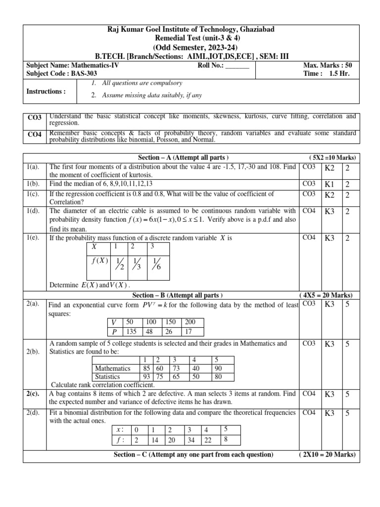 Remedial Test Unit 3 4 BAS 303 PDF Statistical Theory 