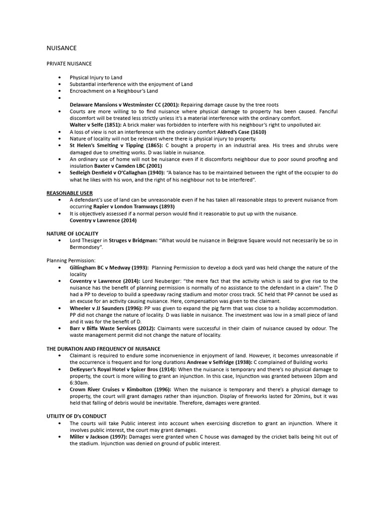 Nuisance Notes Pdf Common Law Private Law