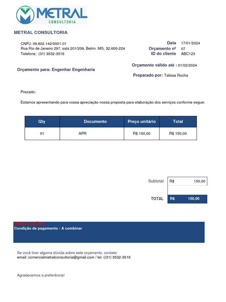 Orçamento de Serviços da Metral Consultoria | PDF