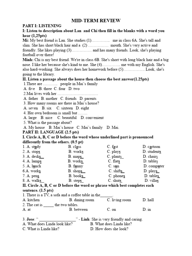 Mid-Term English Exam for Grade 6 | PDF | Linguistics