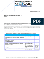 Carta de Presentacion de Servicios y Suministros Industriales Parafabrica de Herramientas Metal Zamora, S.A.