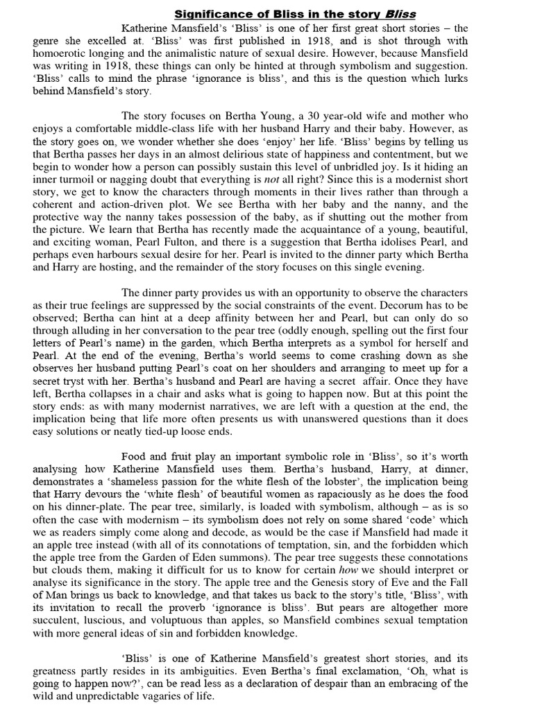 Analyzing Bliss in Mansfield's Story | PDF | General Fiction