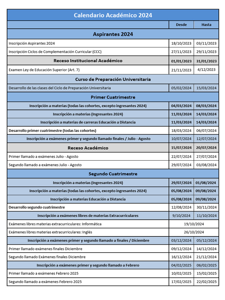 Calendario Académico 2024 | PDF