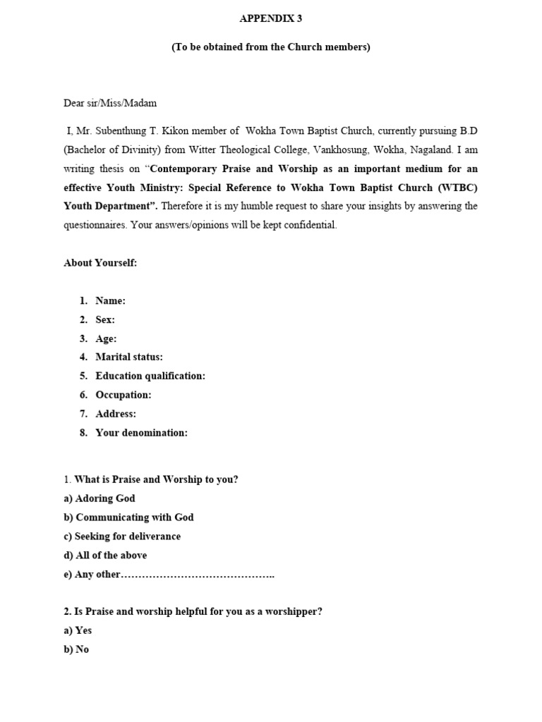 Praise and Worship Insights Questionnaire | PDF | Worship