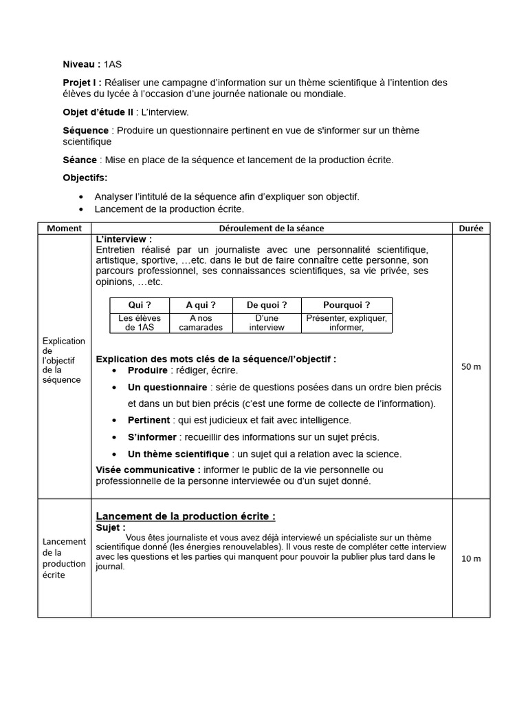 1AS Interview - Mise en Place de La Séquence | PDF | Énergie ...