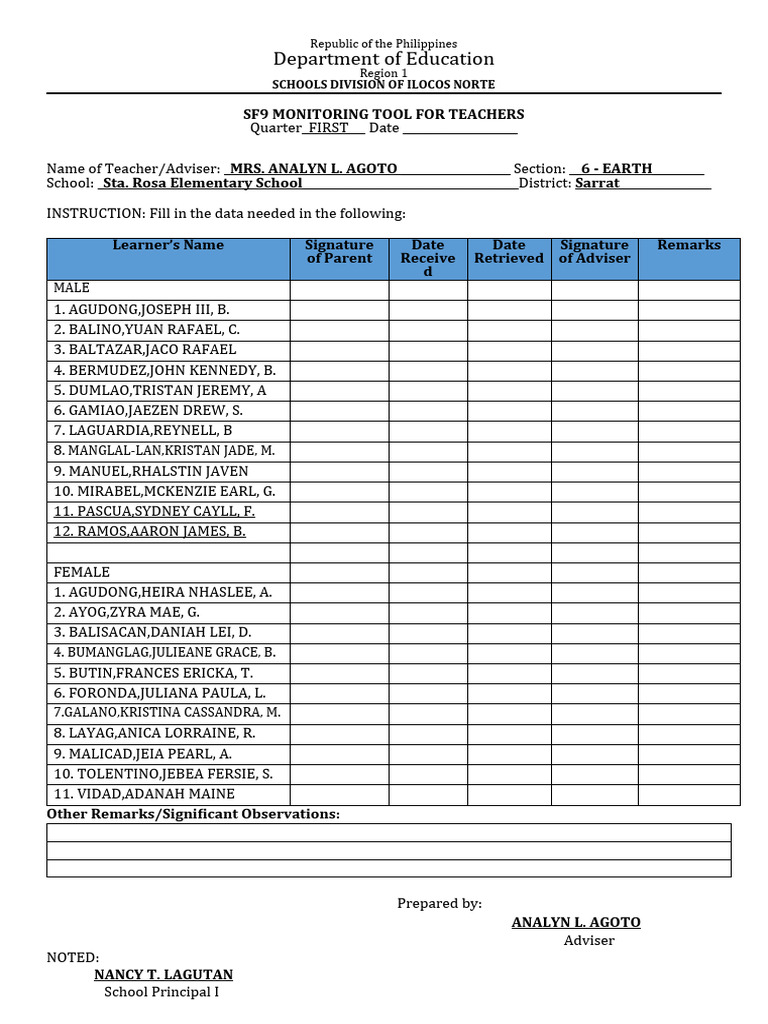 SF9 Monitoring Tool for Teachers | PDF
